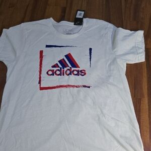 adidas White Tee with Red & Blue Logo Graphic